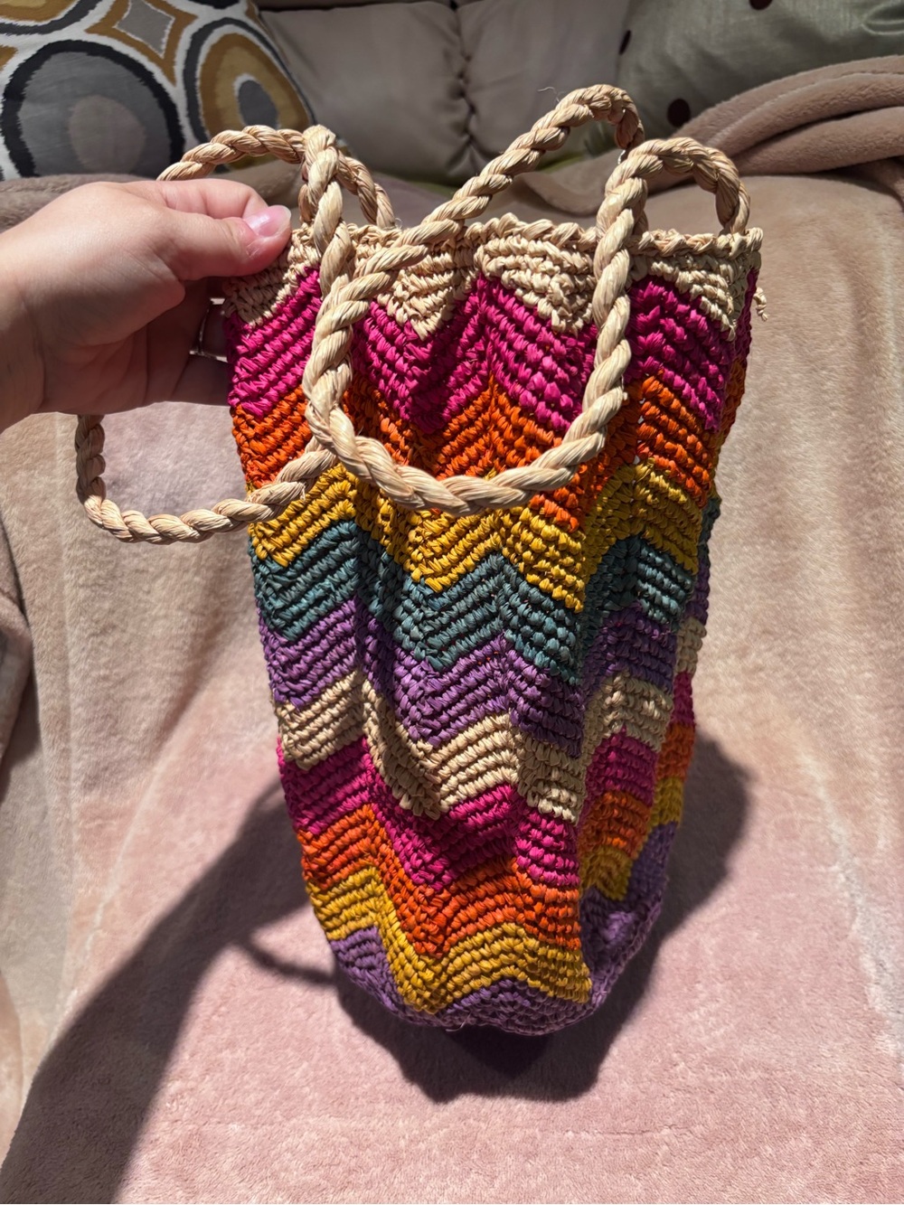 Mar Y Sol Handmade Chevron Raffia Tote Bag NWT – Colorful Rainbow Bag - Picture 8 of 11
